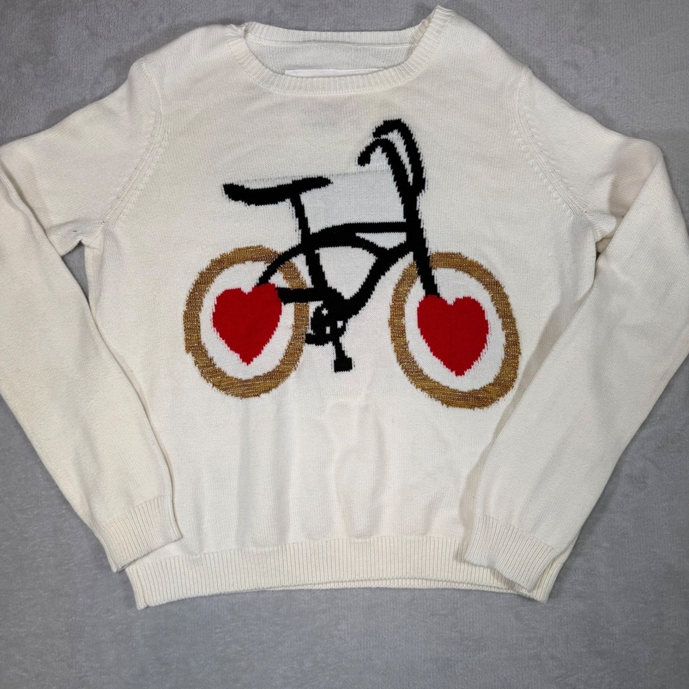 Après Vélo Womens XL‎ Bicycle Heart Sweater Cream Cotton Blend Metallic Knit Top